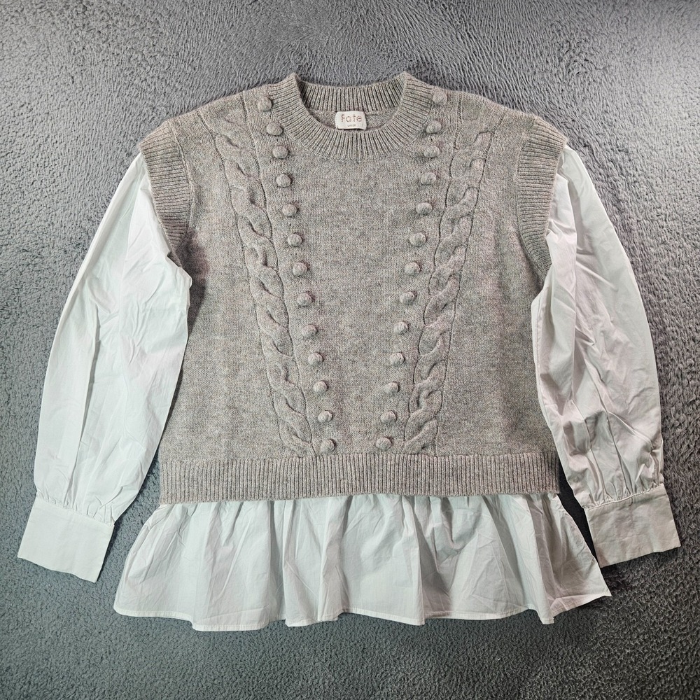 NWOT Fate Contrast Top Shirt Women Large Knit Long Sleeve Gray White Preppy